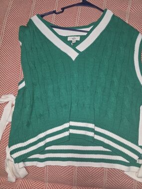 Green Cable Knit V-Neck Sweater Vest with White Stripe Trim